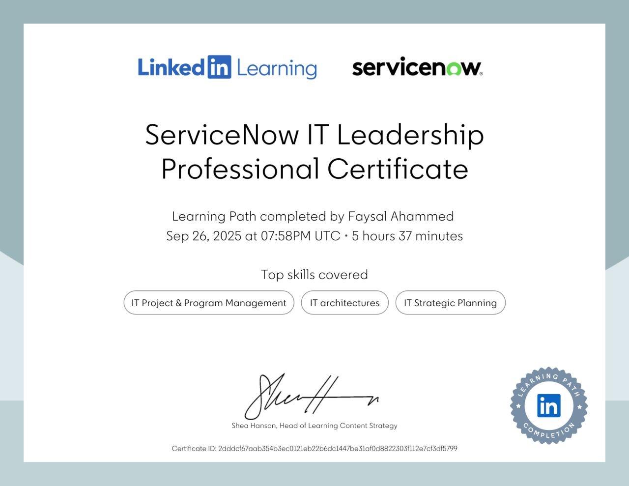 ServiceNow IT Leadership Professional Certificate